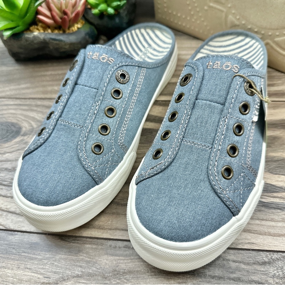 ❌SOLD OUT❌NIB Taos Footwear EZ Soul Mule Sneaker Lake Blue Wash Canvas 7.5M - Picture 4 of 12